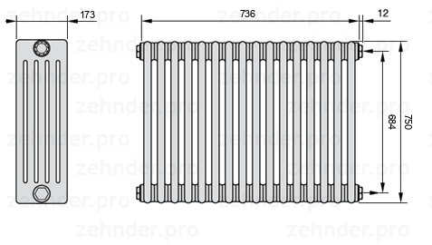 Схема (чертеж) Радиатор Zehnder Charleston 5075/16 №7610 Белый глянцевый RAL 9016